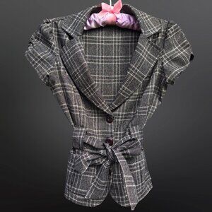 Y2K Cap Sleeve Fitted Belted Blazer Size S Gray Plaid Punk Academia Office Siren